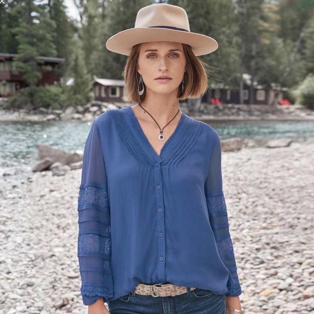 Sundance Mellow Days Cupro Pintuck Lace Blue Blouse Shirt Top Size Medium
